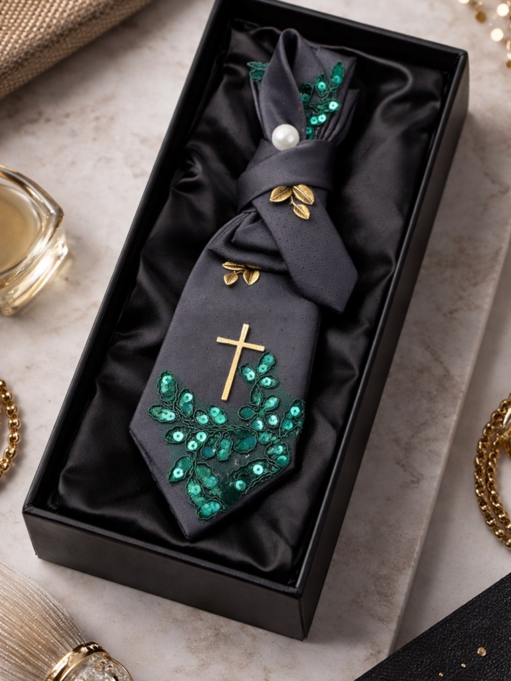 Unisex Necklace Necktie with Green Sequin Embroidery and Gold Cross
